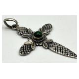925 Sterling Silver Mexican Cross Pendant 2 x 1.5 in with Green Cabochon