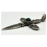 925 Sterling Silver Mexican Cross Pendant 2 x 1.5 in with Green Cabochon