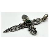925 Sterling Silver Mexican Cross Pendant 2 x 1.5 in with Green Cabochon