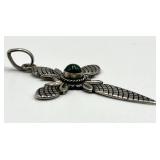 925 Sterling Silver Mexican Cross Pendant 2 x 1.5 in with Green Cabochon