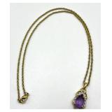 Amethyst Teardrop Pendant Necklace on 9in Gold-Tone Chain