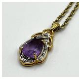 Amethyst Teardrop Pendant Necklace on 9in Gold-Tone Chain
