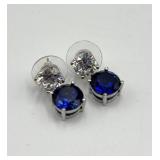 Sapphire Drop Earrings with Clear Stones - Sterling Silver 0.75 in L x 0.25 in W