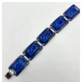 Signed Art Enamel Blue Bracelet - Handcrafted Glass Tile Links, 7 in L x 0.75 in W