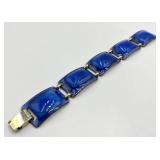Signed Art Enamel Blue Bracelet - Handcrafted Glass Tile Links, 7 in L x 0.75 in W
