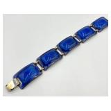 Signed Art Enamel Blue Bracelet - Handcrafted Glass Tile Links, 7 in L x 0.75 in W