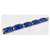 Signed Art Enamel Blue Bracelet - Handcrafted Glass Tile Links, 7 in L x 0.75 in W