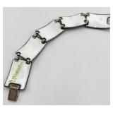 Signed Art Enamel Blue Bracelet - Handcrafted Glass Tile Links, 7 in L x 0.75 in W