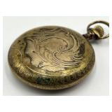 Perfection Pocket Watch - Ornate Engraved Gold-Tone Case, 3 in Long x 2 in Diameter