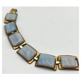 Signed Art Enamel Bracelet - 7 inch Length, Pale Blue Cabochon Squares