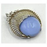 Star/Moon Brooch Pin with Light Blue Cabochon & Crystals - 2 x 1.75 in