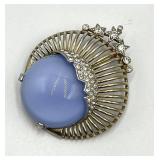 Star/Moon Brooch Pin with Light Blue Cabochon & Crystals - 2 x 1.75 in