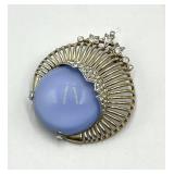 Star/Moon Brooch Pin with Light Blue Cabochon & Crystals - 2 x 1.75 in