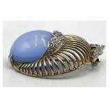Star/Moon Brooch Pin with Light Blue Cabochon & Crystals - 2 x 1.75 in