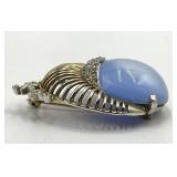 Star/Moon Brooch Pin with Light Blue Cabochon & Crystals - 2 x 1.75 in