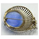 Star/Moon Brooch Pin with Light Blue Cabochon & Crystals - 2 x 1.75 in
