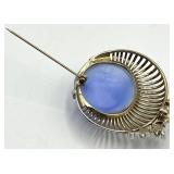 Star/Moon Brooch Pin with Light Blue Cabochon & Crystals - 2 x 1.75 in