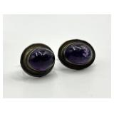 Sterling Silver 925 Purple Cabochon Screw-On Earrings 1 in x 0.75 in (Lot of 2)