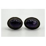 Sterling Silver 925 Purple Cabochon Screw-On Earrings 1 in x 0.75 in (Lot of 2)