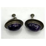 Sterling Silver 925 Purple Cabochon Screw-On Earrings 1 in x 0.75 in (Lot of 2)