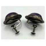Sterling Silver 925 Purple Cabochon Screw-On Earrings 1 in x 0.75 in (Lot of 2)