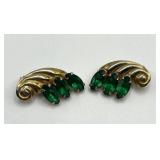 Green Rhinestone Clip-On Earrings - Gold-Tone, 1 x 0.75 in - Vintage