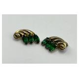 Green Rhinestone Clip-On Earrings - Gold-Tone, 1 x 0.75 in - Vintage