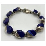 Mexican 925 Silver Link Bracelet - Blue Inset Circles, 8 in Long