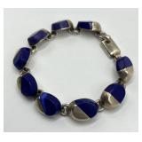 Mexican 925 Silver Link Bracelet - Blue Inset Circles, 8 in Long