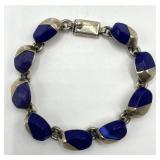 Mexican 925 Silver Link Bracelet - Blue Inset Circles, 8 in Long