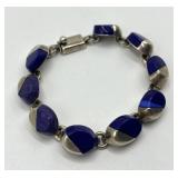 Mexican 925 Silver Link Bracelet - Blue Inset Circles, 8 in Long