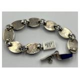 Mexican 925 Silver Link Bracelet - Blue Inset Circles, 8 in Long