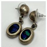Mexico 925 Sterling Silver Oval Dangle Earrings with Blue/Green Mosaic Inlays