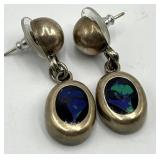 Mexico 925 Sterling Silver Oval Dangle Earrings with Blue/Green Mosaic Inlays
