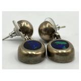 Mexico 925 Sterling Silver Oval Dangle Earrings with Blue/Green Mosaic Inlays