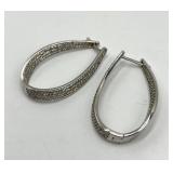 Hoop Earrings - 925 Sterling Silver Diamond-Accent Curved, 1.5 in x 1 in