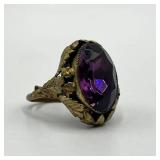 Ring - Purple Gem Adjustable, 1 X 0.75 Inch Stone, Gold-Tone Ornate Setting