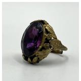 Ring - Purple Gem Adjustable, 1 X 0.75 Inch Stone, Gold-Tone Ornate Setting