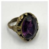 Ring - Purple Gem Adjustable, 1 X 0.75 Inch Stone, Gold-Tone Ornate Setting