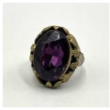 Ring - Purple Gem Adjustable, 1 X 0.75 Inch Stone, Gold-Tone Ornate Setting