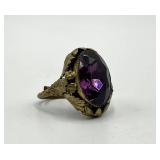 Ring - Purple Gem Adjustable, 1 X 0.75 Inch Stone, Gold-Tone Ornate Setting