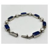 925 Sterling Silver Lapis Lazuli & Pearl Bracelet - 8 Inch