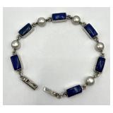 925 Sterling Silver Lapis Lazuli & Pearl Bracelet - 8 Inch