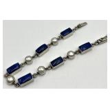 925 Sterling Silver Lapis Lazuli & Pearl Bracelet - 8 Inch