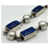 925 Sterling Silver Lapis Lazuli & Pearl Bracelet - 8 Inch