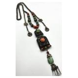 Mongolian Turquoise & Coral Necklace with Large Pendant - 21 in