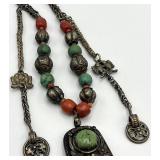 Mongolian Turquoise & Coral Necklace with Large Pendant - 21 in