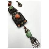 Mongolian Turquoise & Coral Necklace with Large Pendant - 21 in