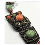 Mongolian Turquoise & Coral Necklace with Large Pendant - 21 in