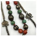 Mongolian Turquoise & Coral Necklace with Large Pendant - 21 in
